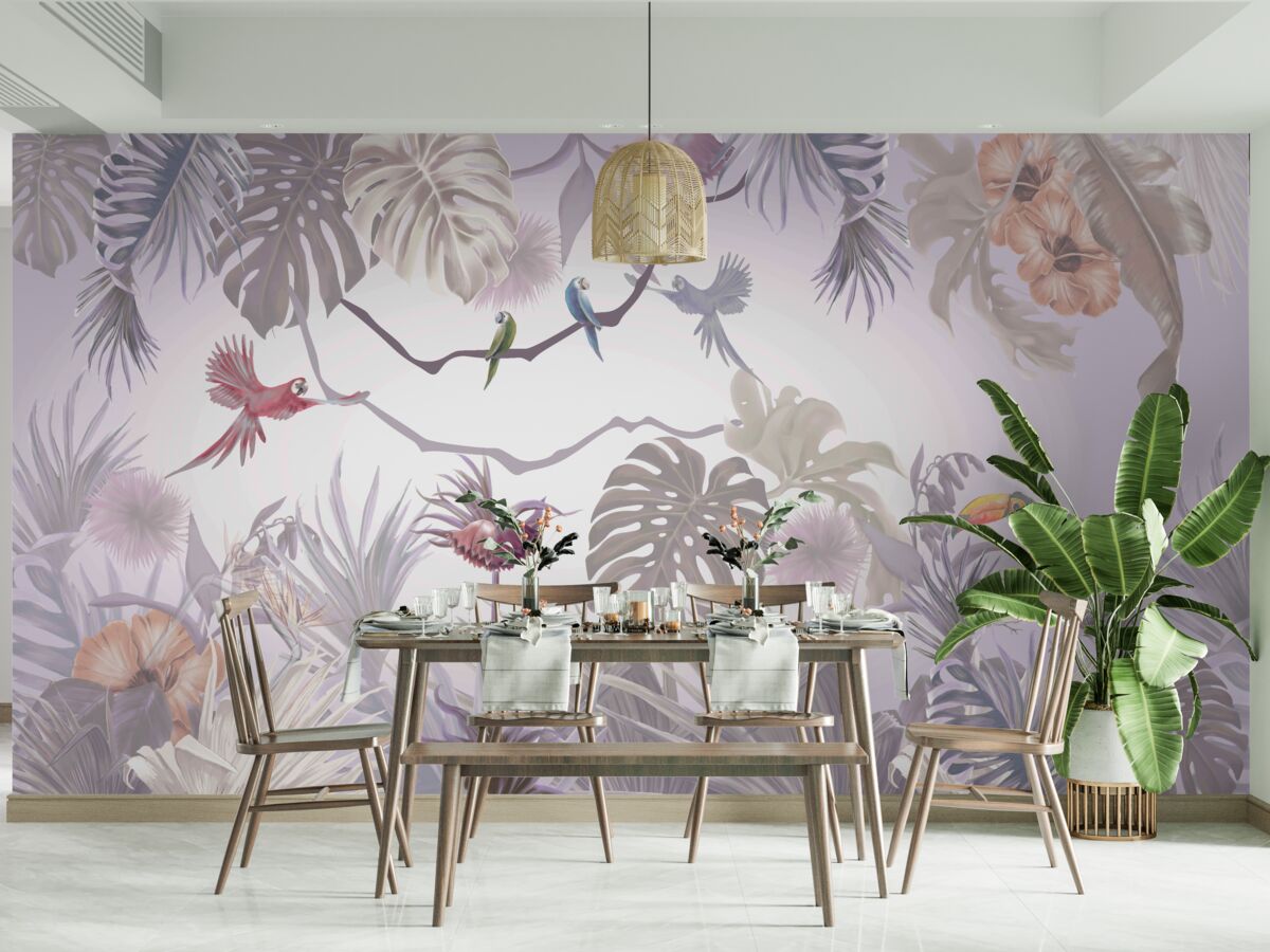 Фотошпалери тукани та папуги серед пальмового листя