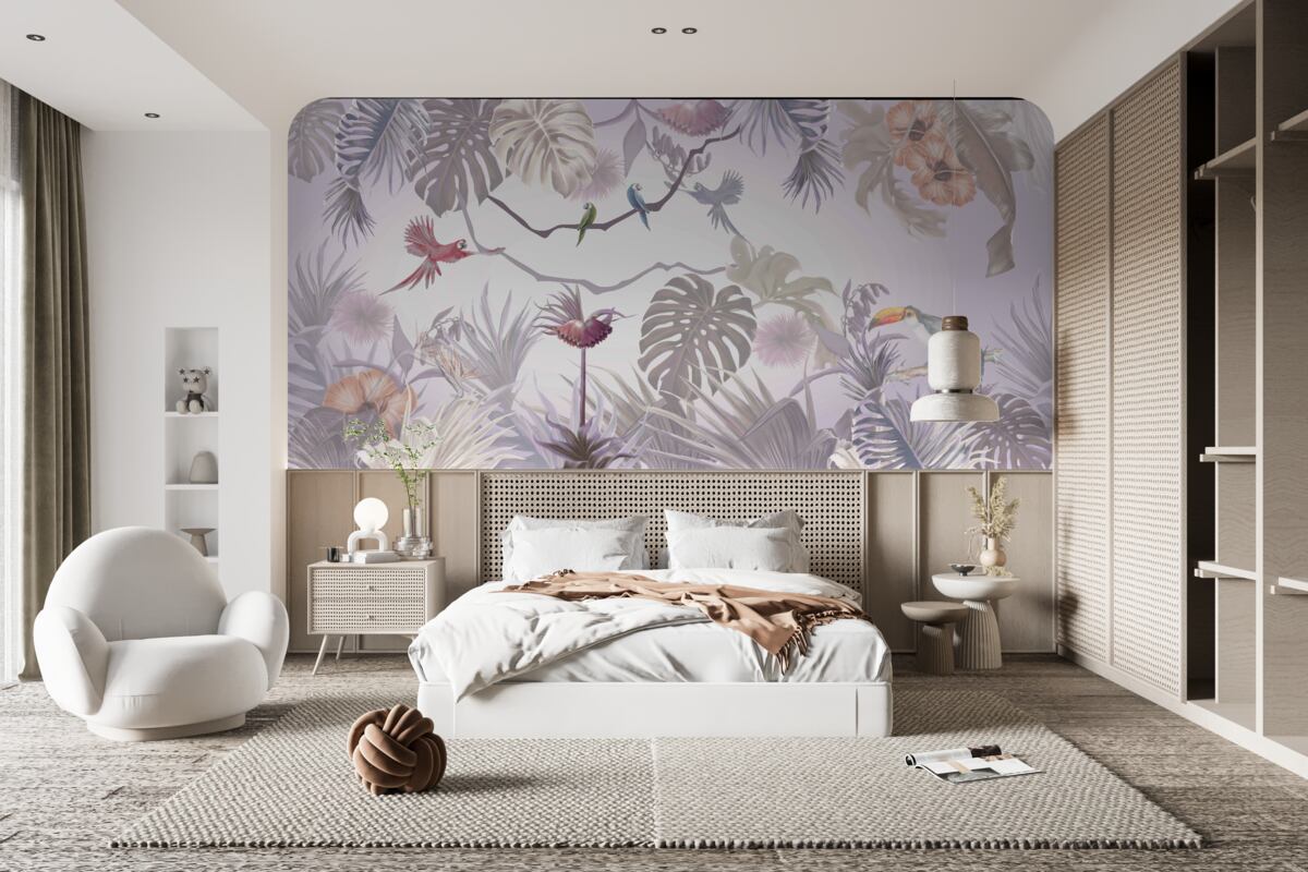 Фотошпалери тукани та папуги серед пальмового листя