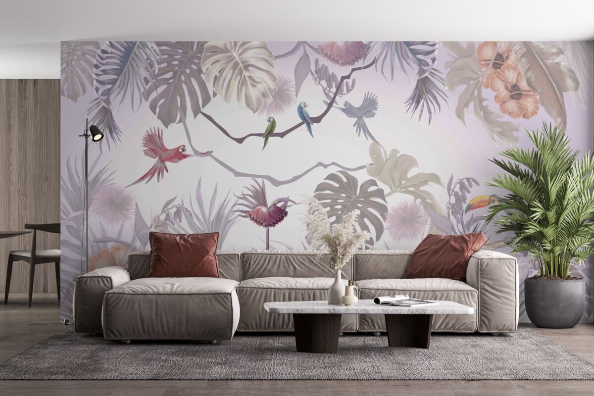 Фотошпалери тукани та папуги серед пальмового листя