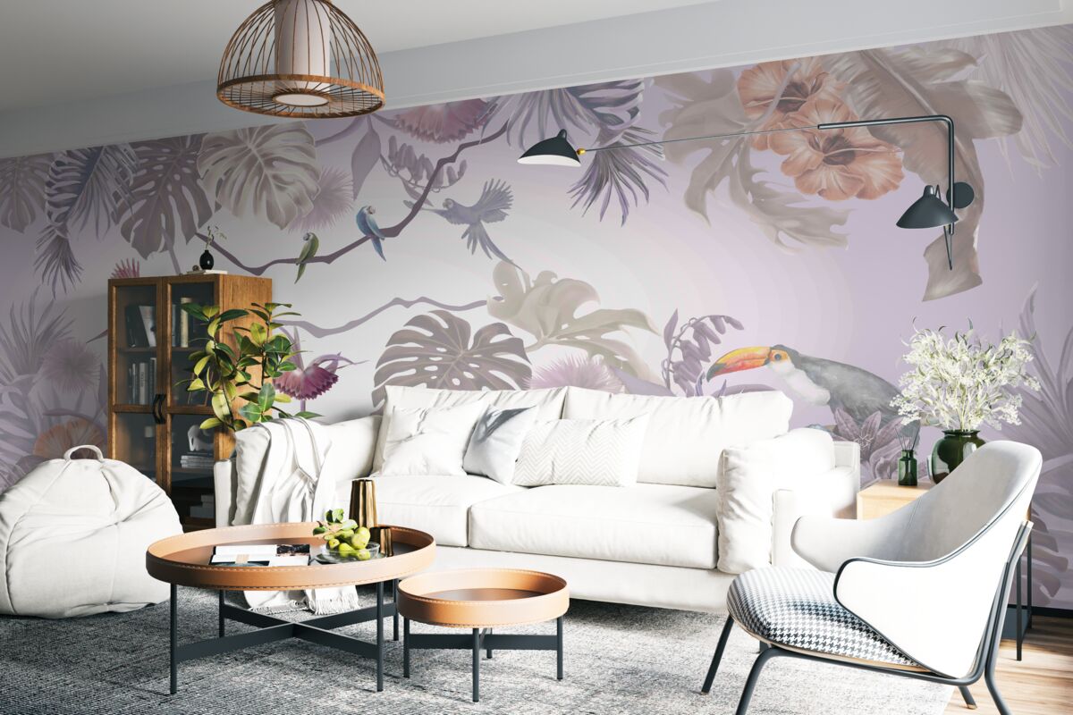 Фотошпалери тукани та папуги серед пальмового листя