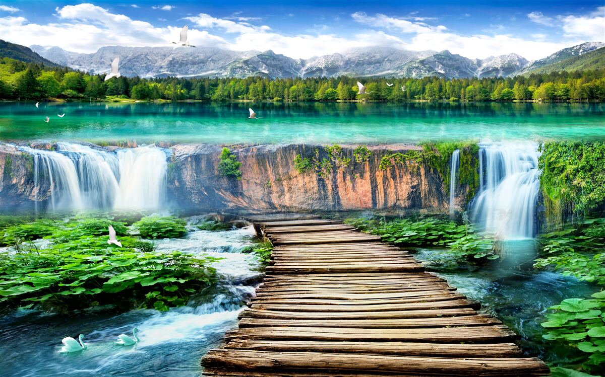 Фотошпалери оглядовий майданчик перед стрімко падаючим водоспадом