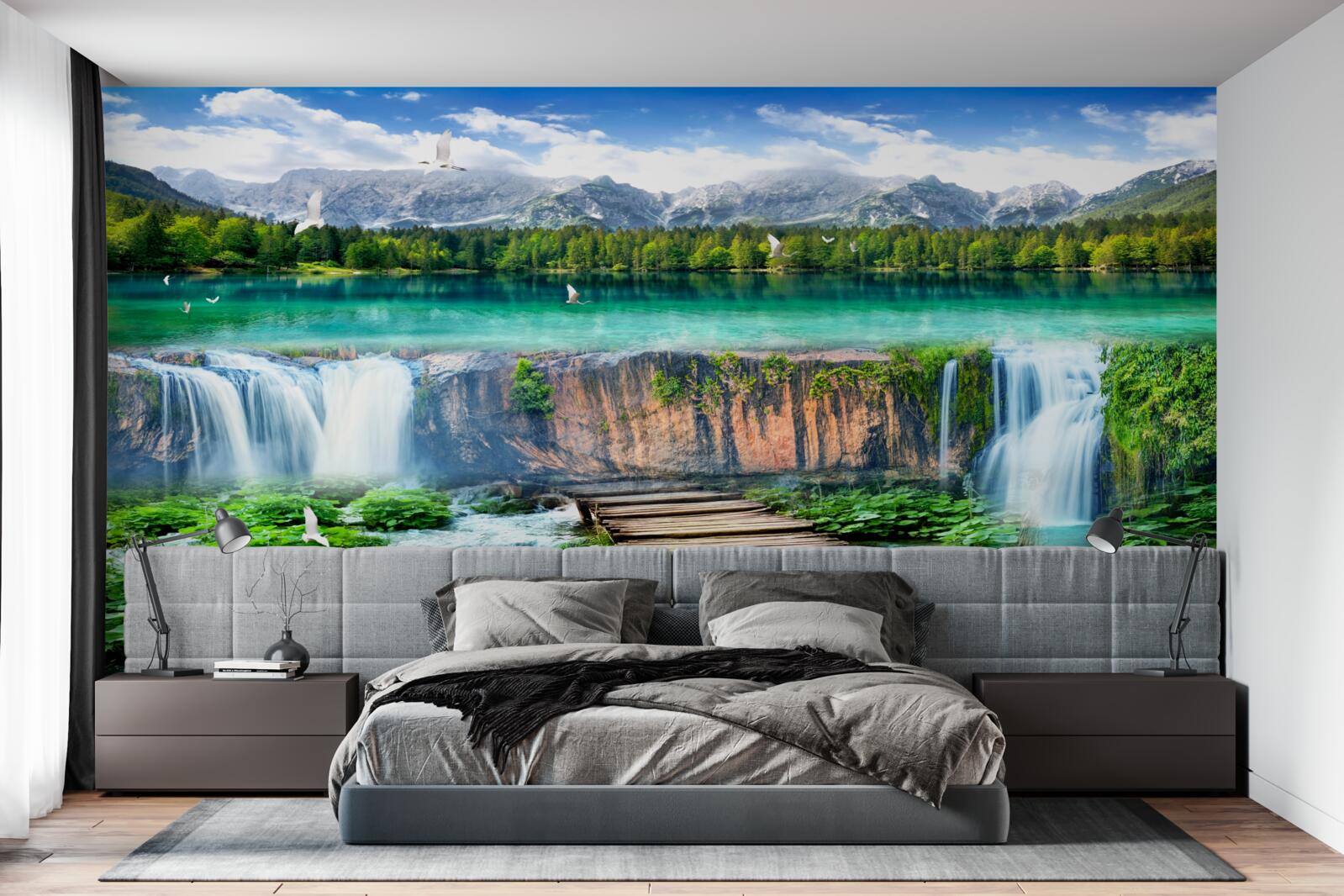 Фотошпалери оглядовий майданчик перед стрімко падаючим водоспадом