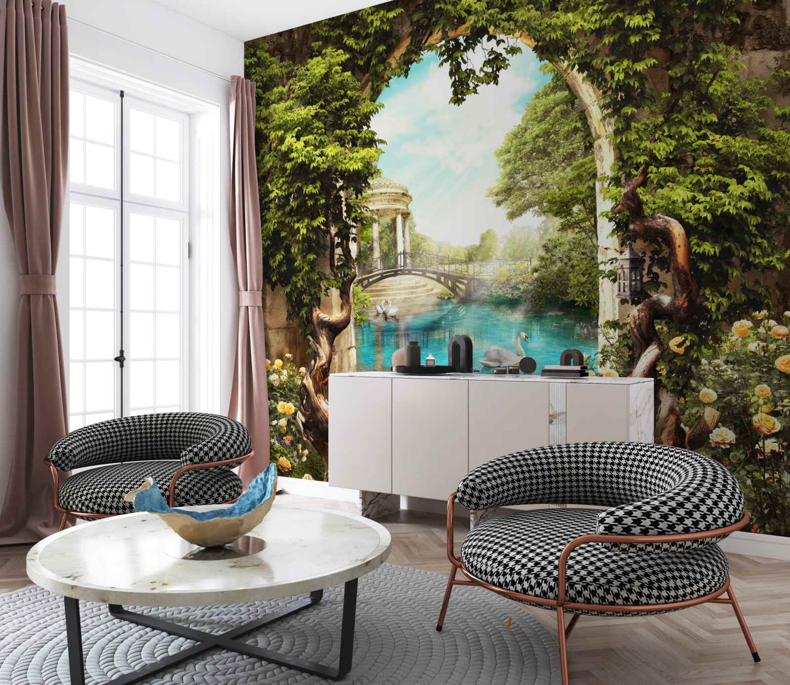 Фотошпалери ставок з білими лебедями