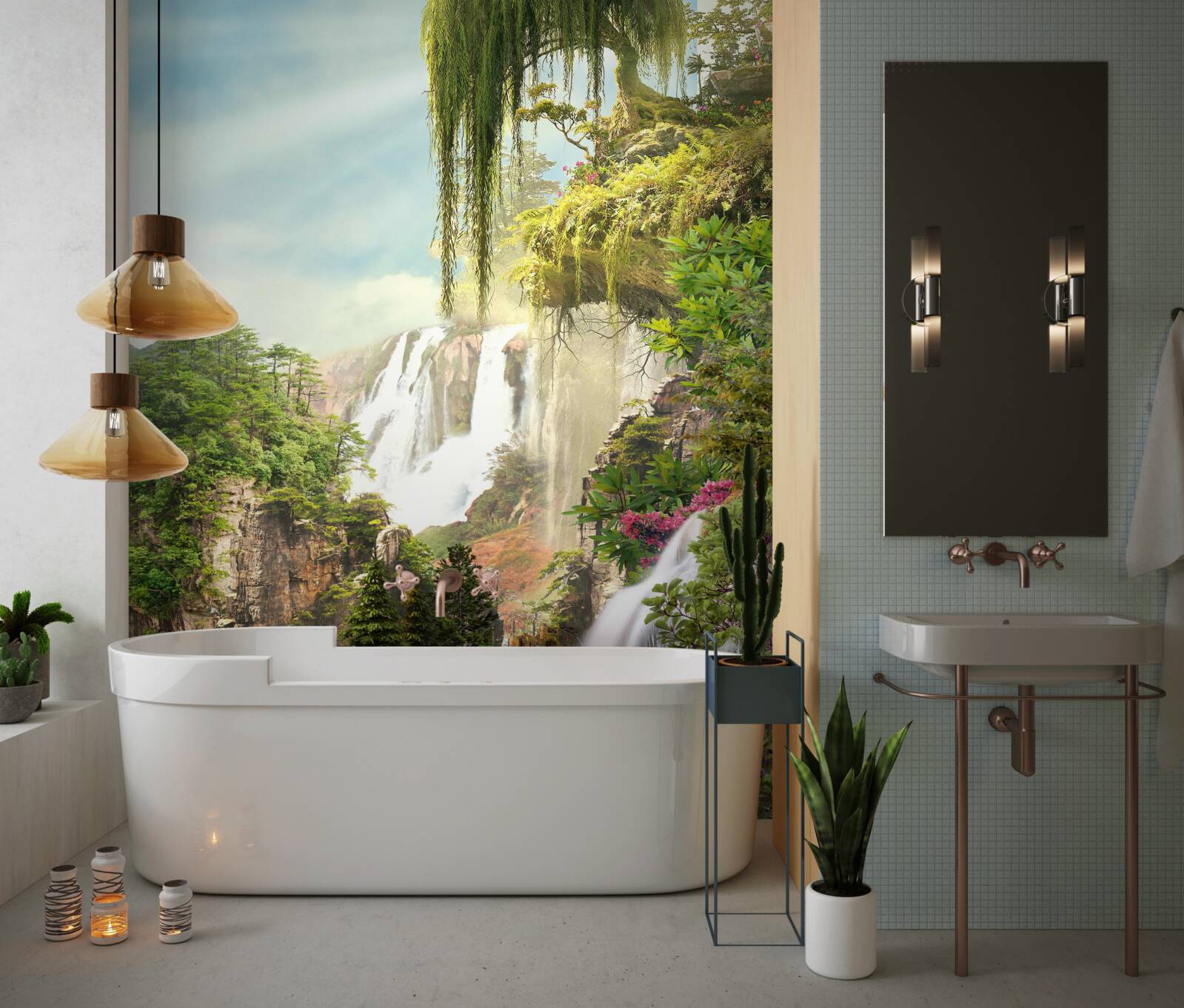 Фотошпалери зелень оточує водоспади