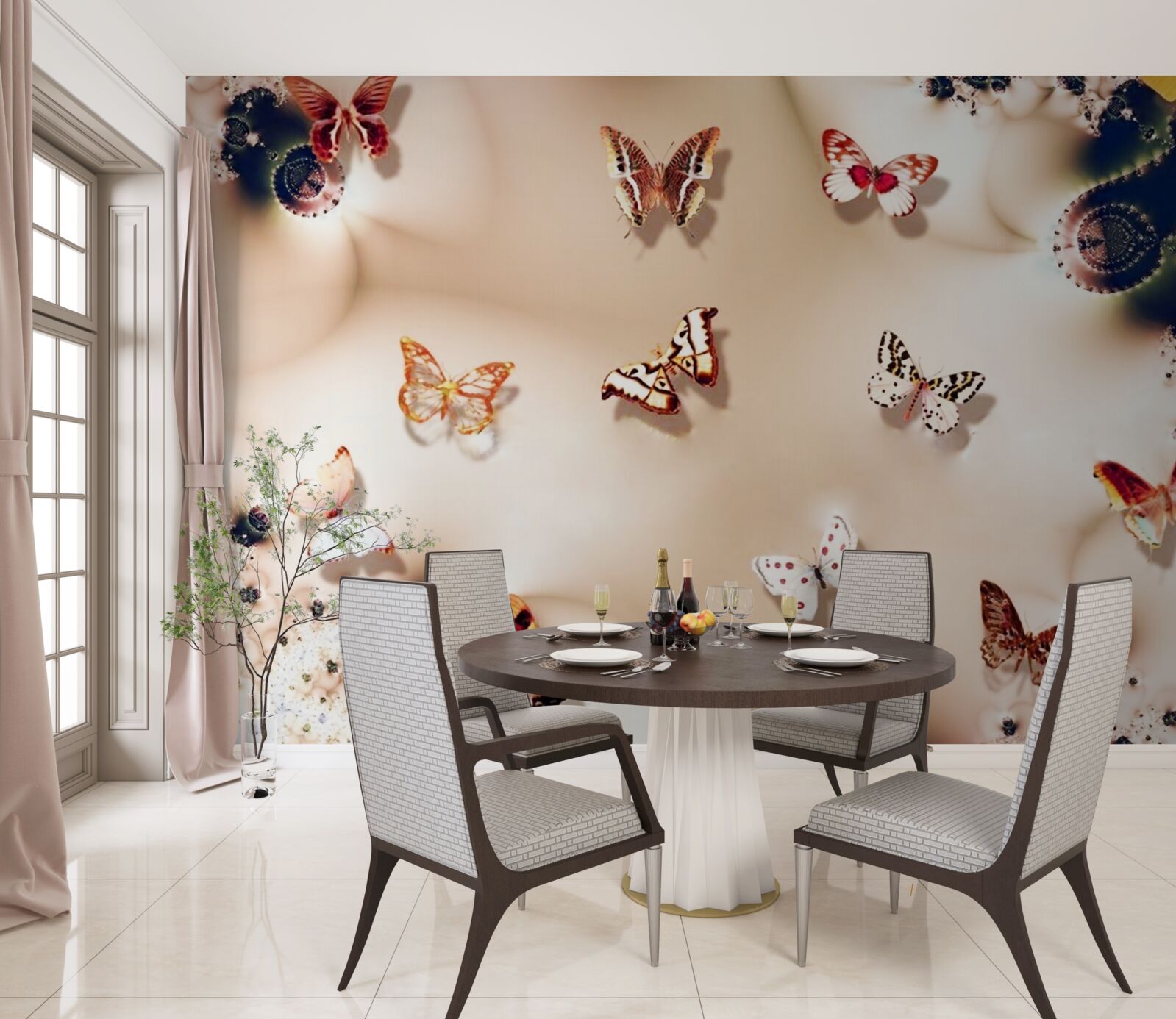 Фотошпалери метелики різних кольорів на рожевому шовку