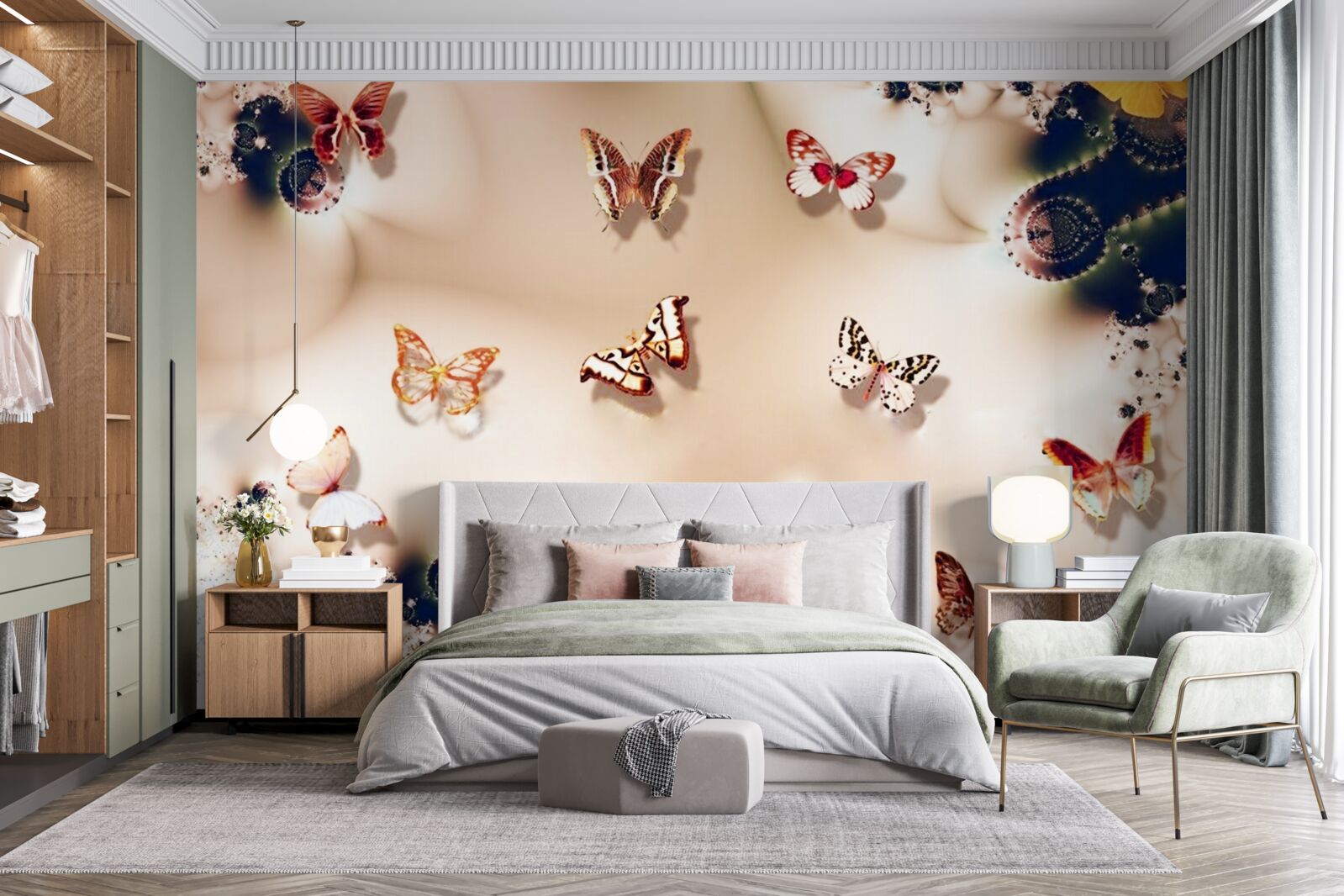 Фотошпалери метелики різних кольорів на рожевому шовку