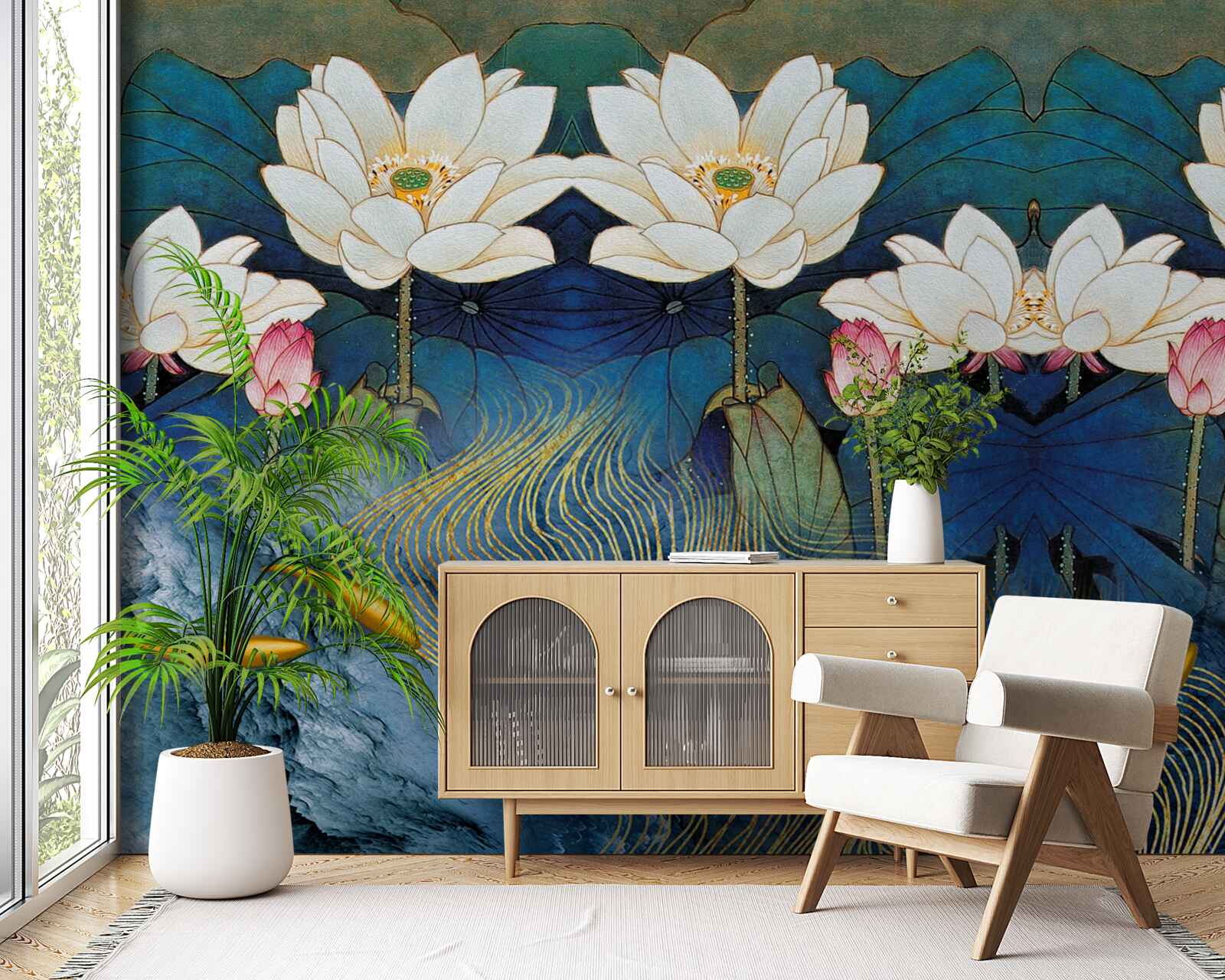 Фотошпалери блакитна вода, прикрашена білими лотосами