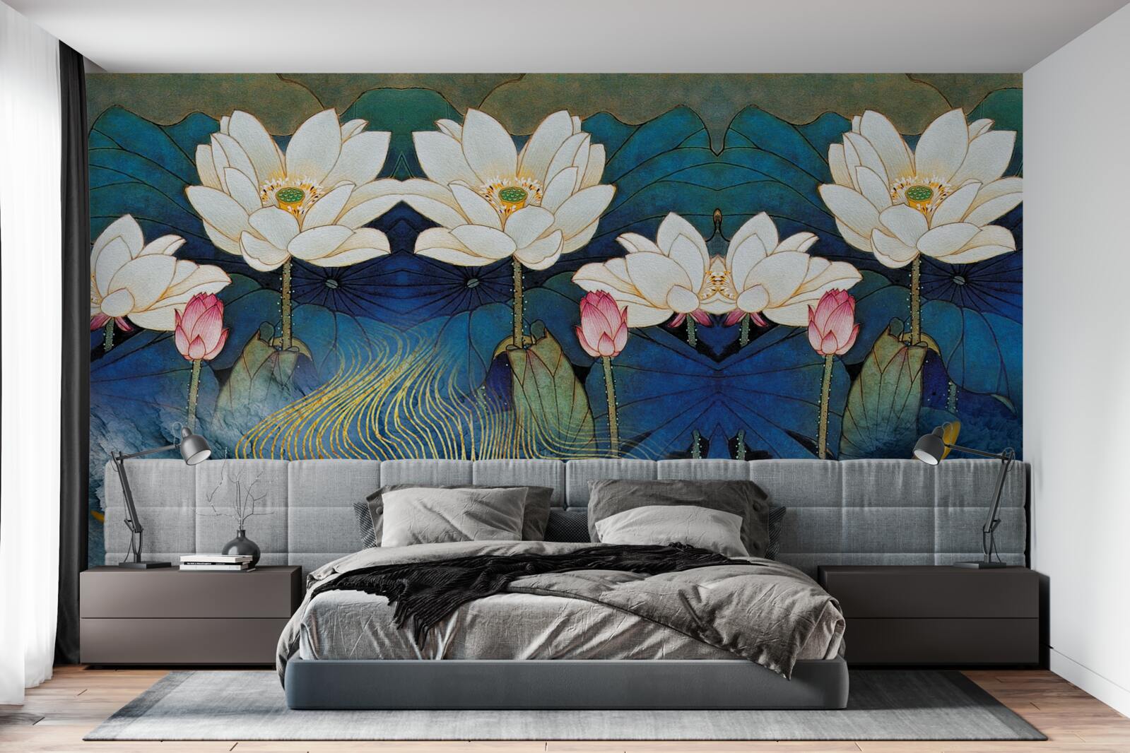 Фотошпалери блакитна вода, прикрашена білими лотосами