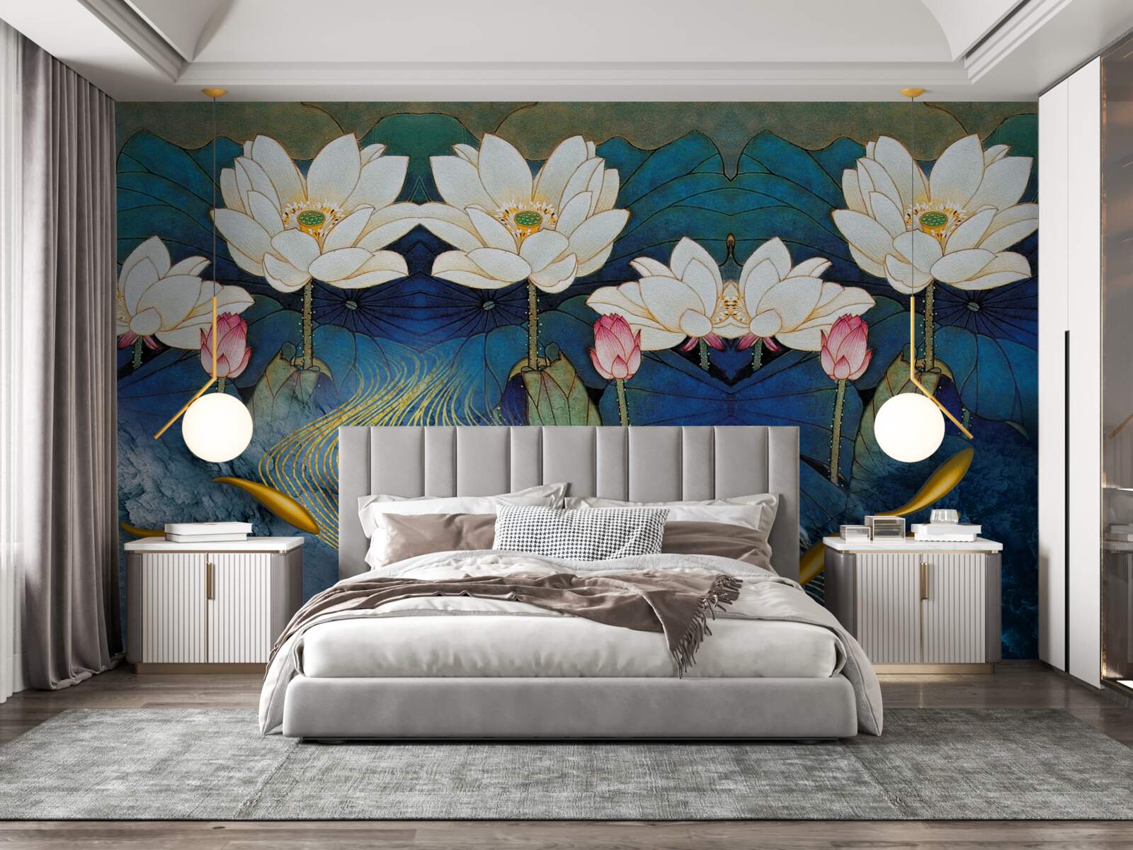 Фотошпалери блакитна вода, прикрашена білими лотосами