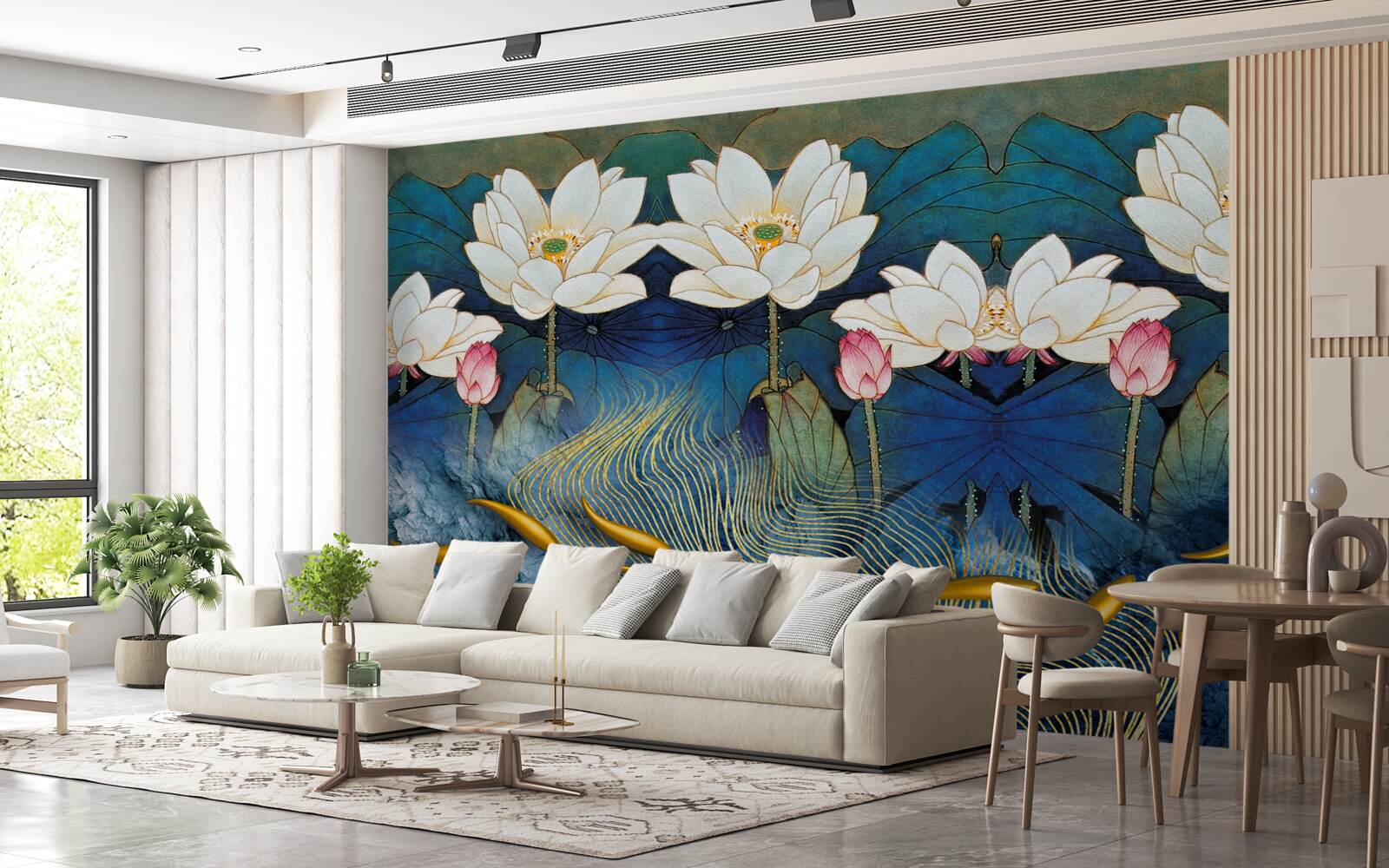 Фотошпалери блакитна вода, прикрашена білими лотосами