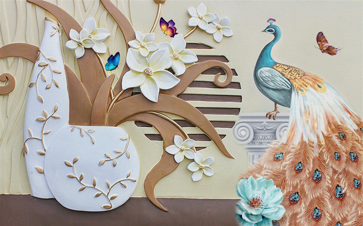 Фотошпалери квіткова розкіш і павич з розкішним хвостом