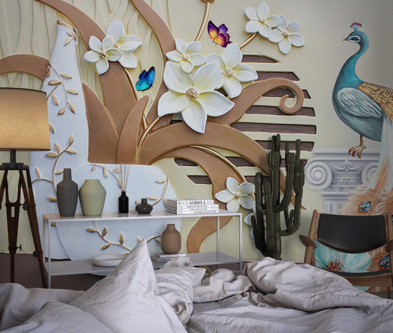 Фотошпалери квіткова розкіш і павич з розкішним хвостом