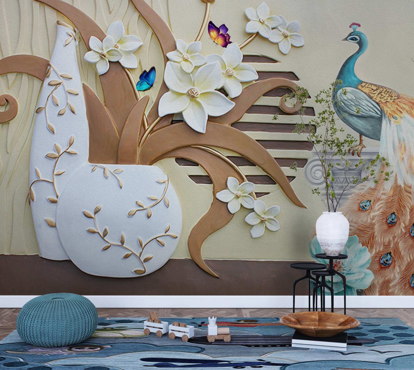 Фотошпалери квіткова розкіш і павич з розкішним хвостом