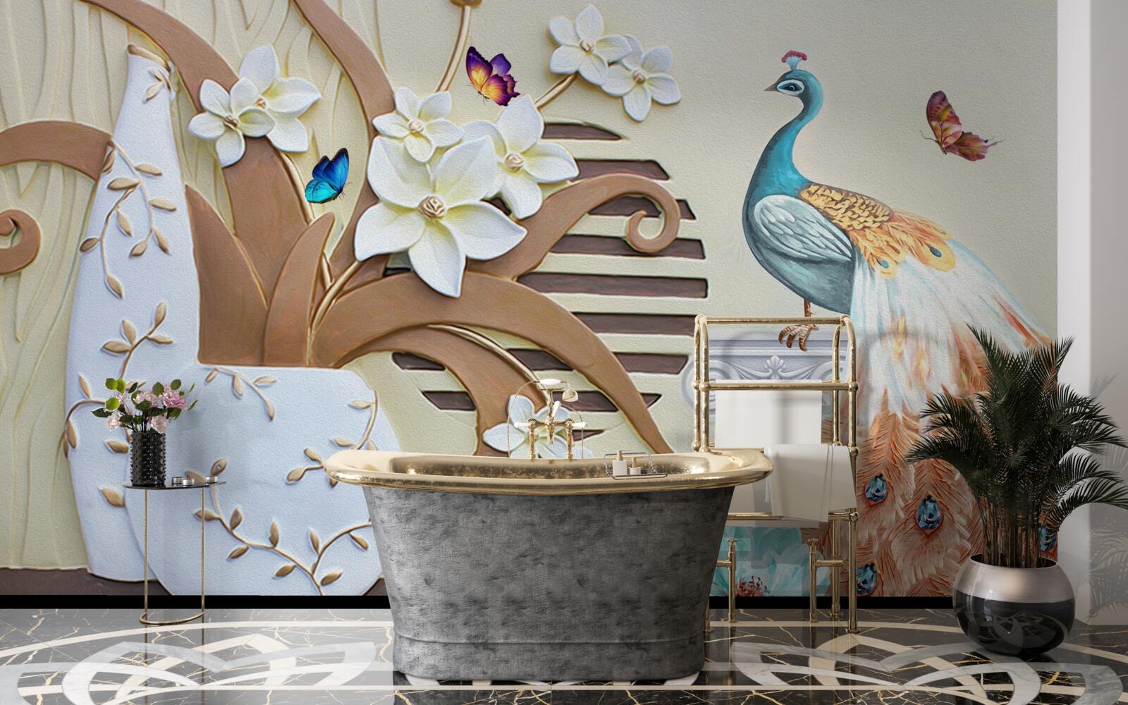 Фотошпалери квіткова розкіш і павич з розкішним хвостом