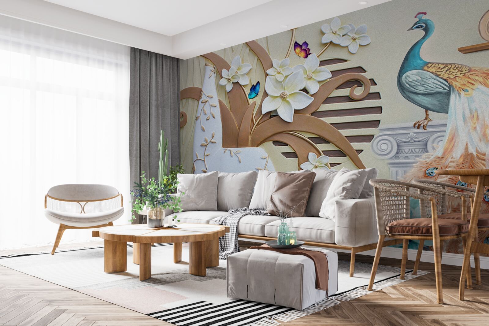 Фотошпалери квіткова розкіш і павич з розкішним хвостом