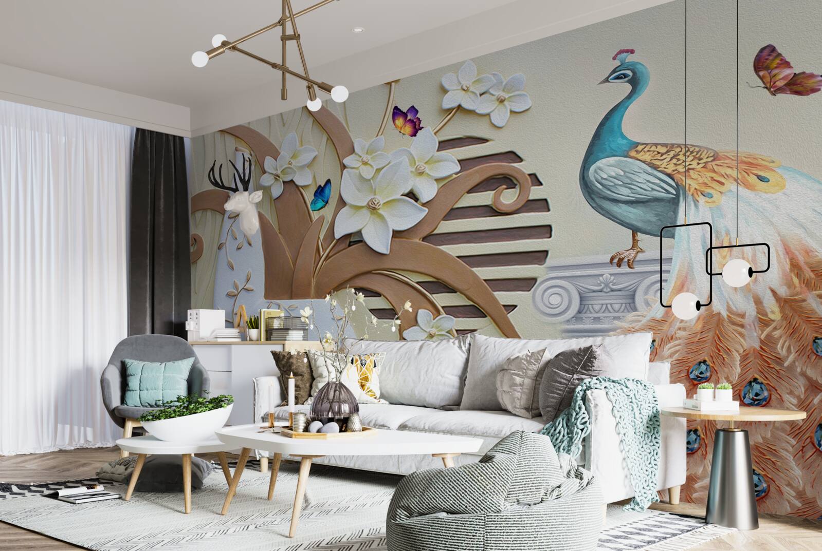 Фотошпалери квіткова розкіш і павич з розкішним хвостом