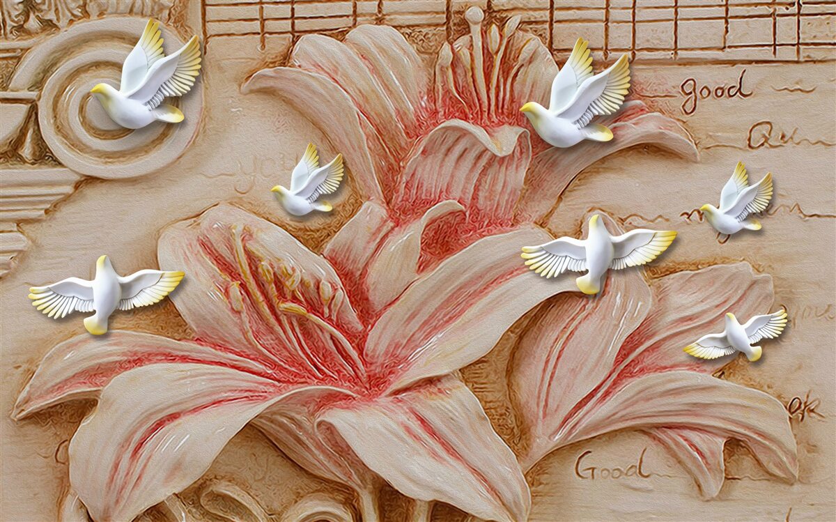 Фотошпалери рожеві лілії та світлі лебеді