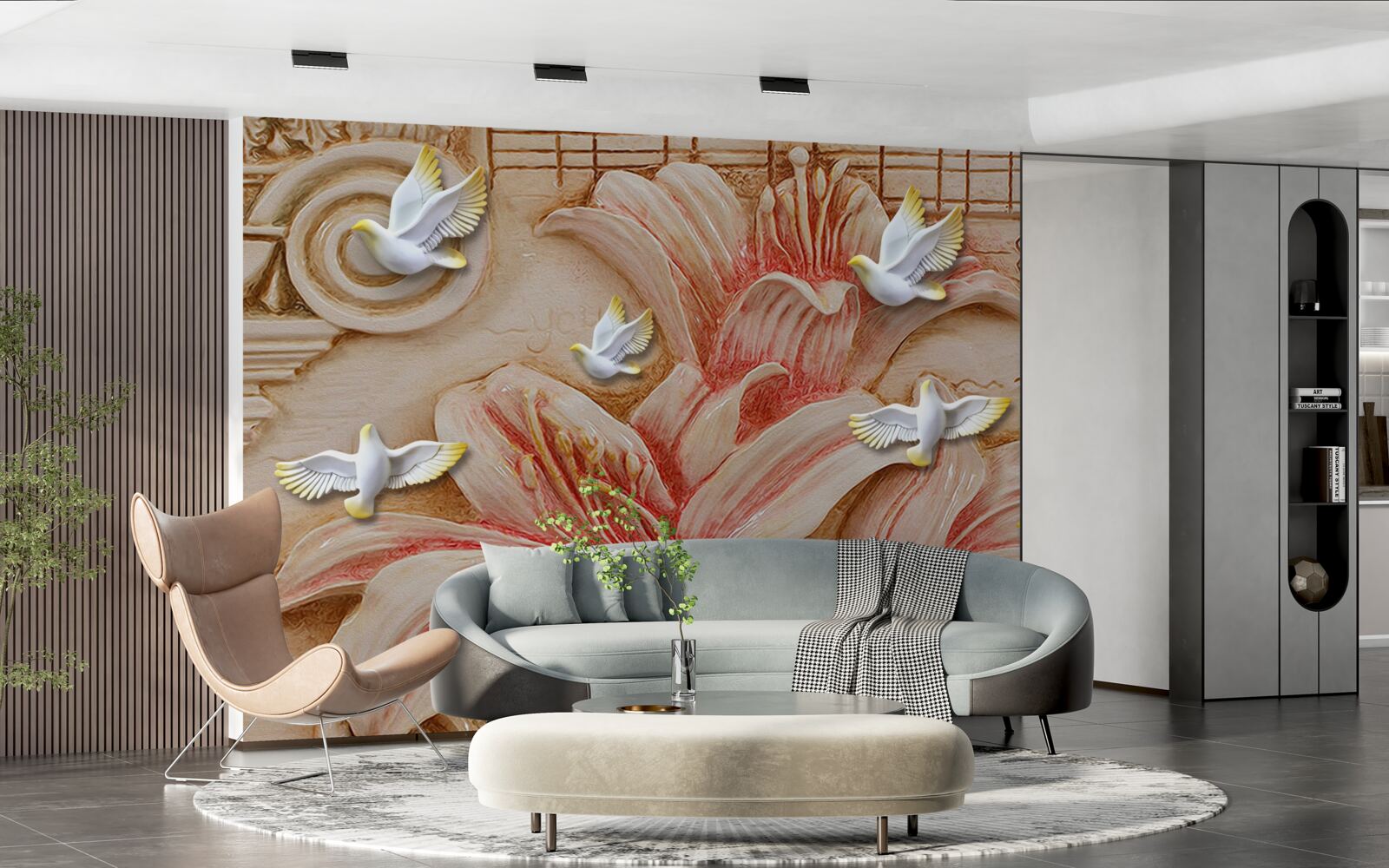 Фотошпалери рожеві лілії та світлі лебеді