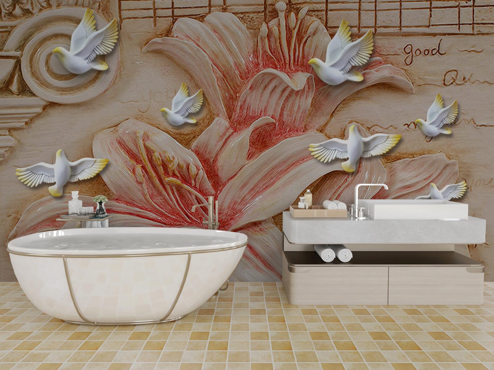 Фотошпалери рожеві лілії та світлі лебеді