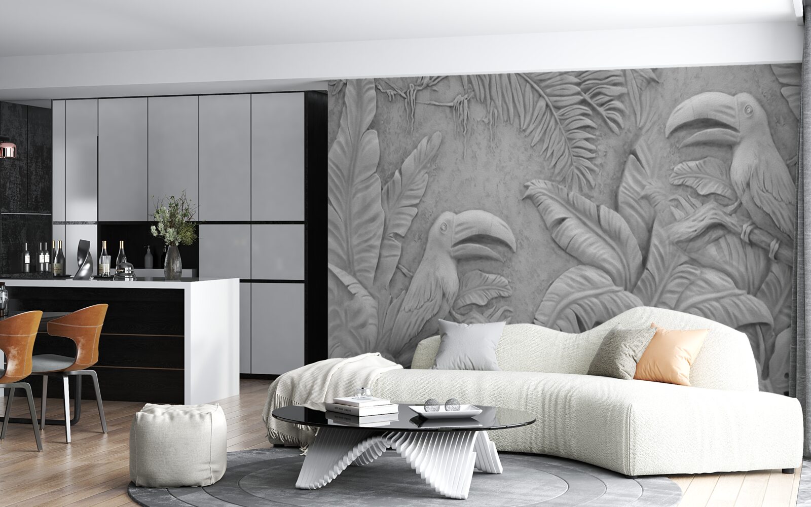 Фотошпалери барельєф тропічних птахів у лісі