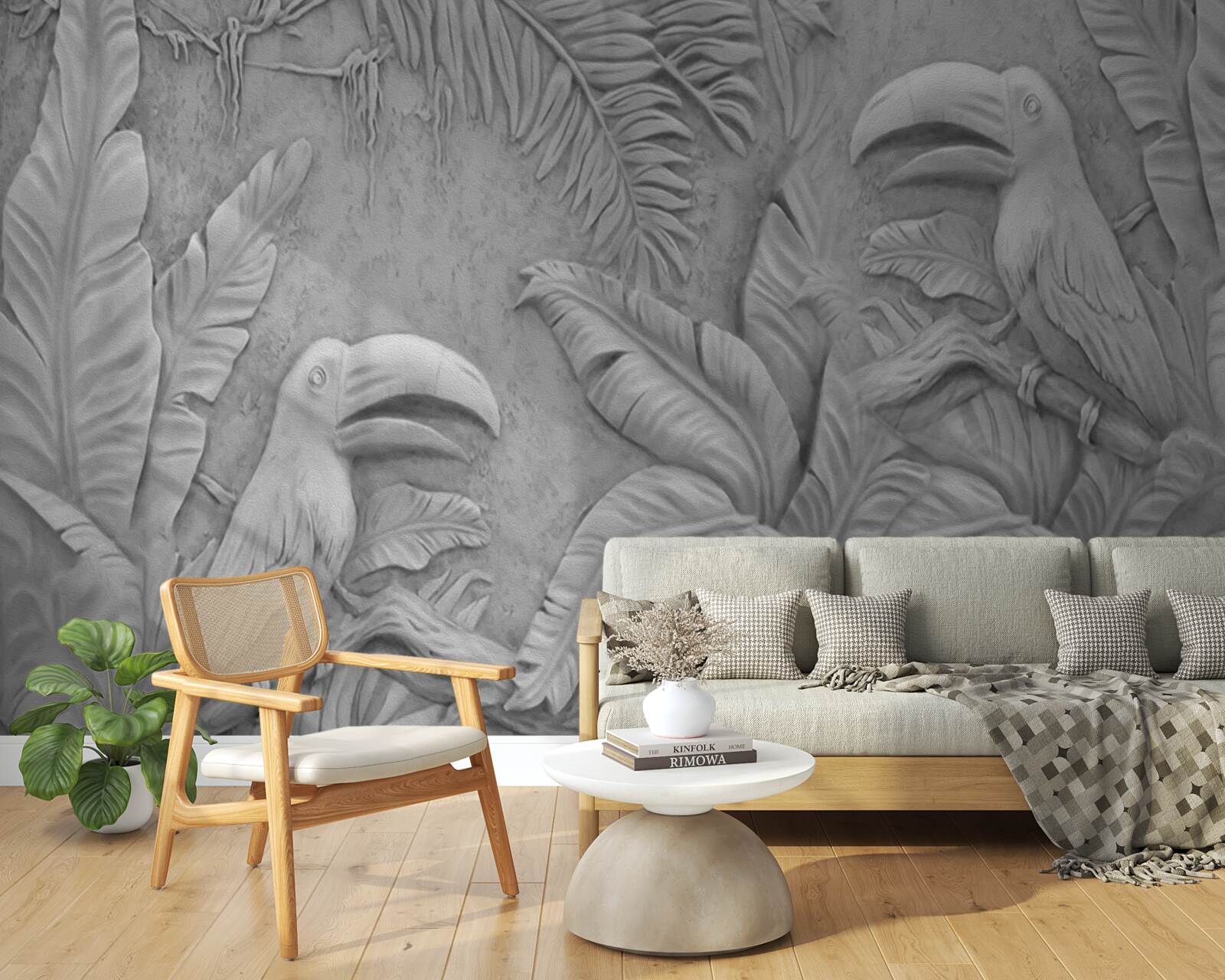 Фотошпалери барельєф тропічних птахів у лісі