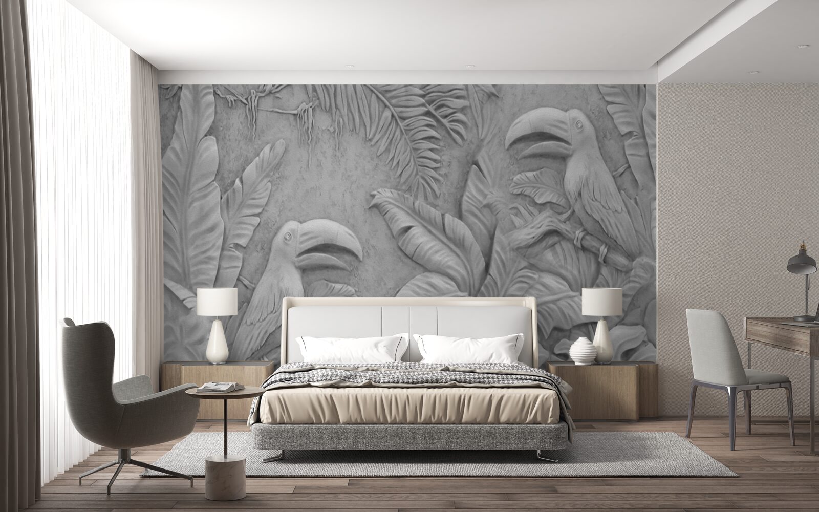 Фотошпалери барельєф тропічних птахів у лісі