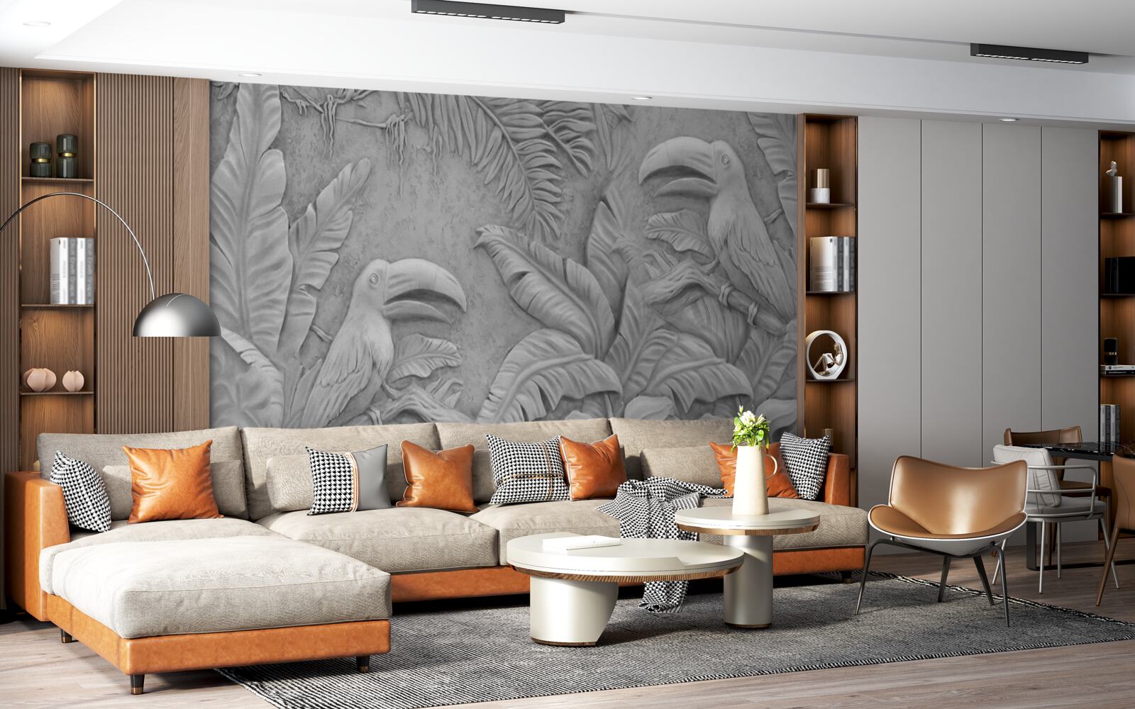 Фотошпалери барельєф тропічних птахів у лісі