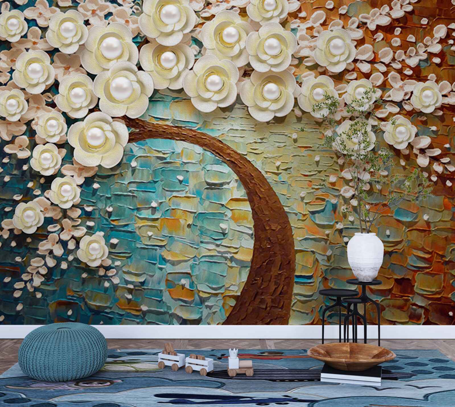 Фотошпалери дерево з перлинно-білими квітами