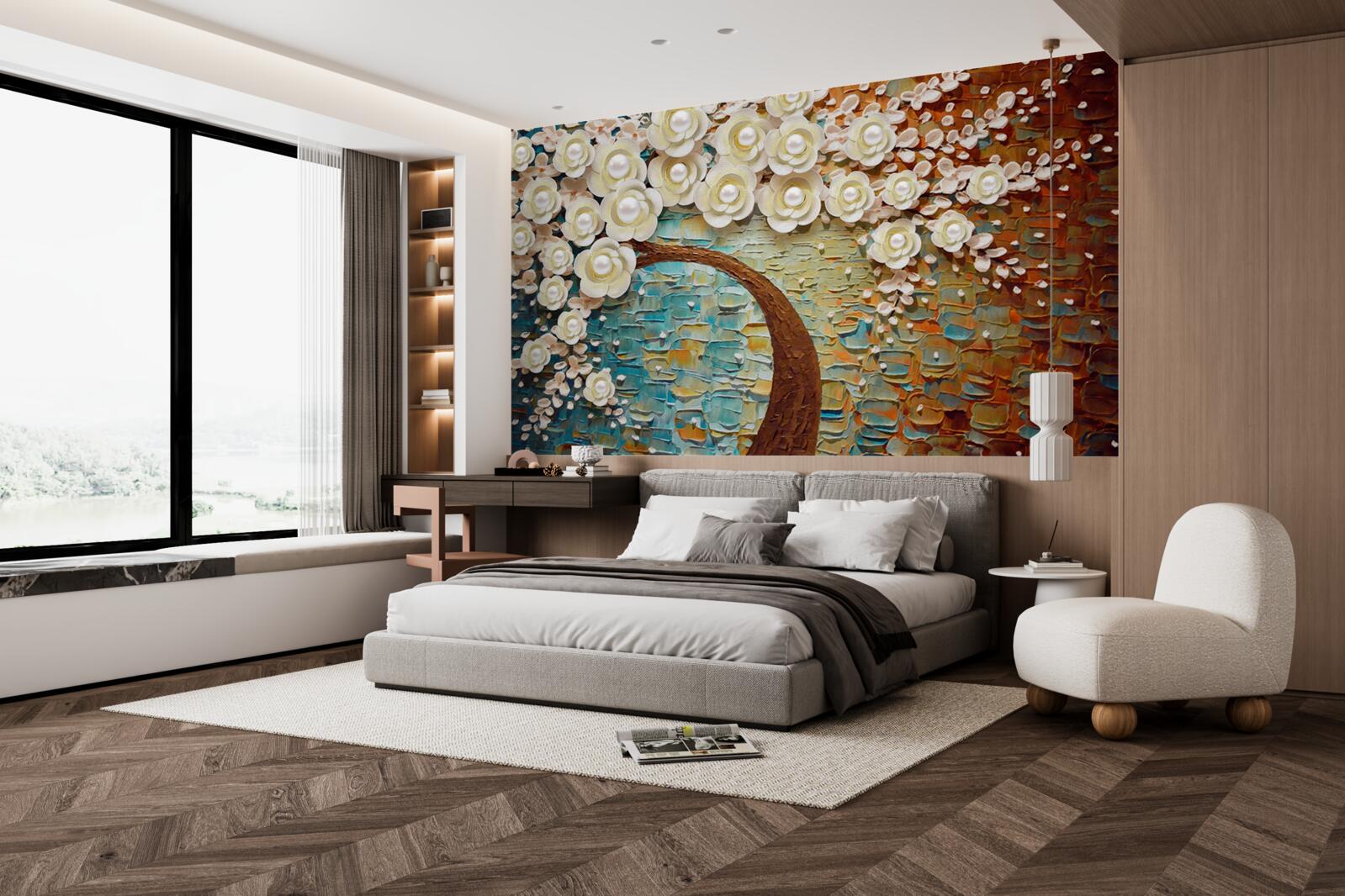 Фотошпалери дерево з перлинно-білими квітами