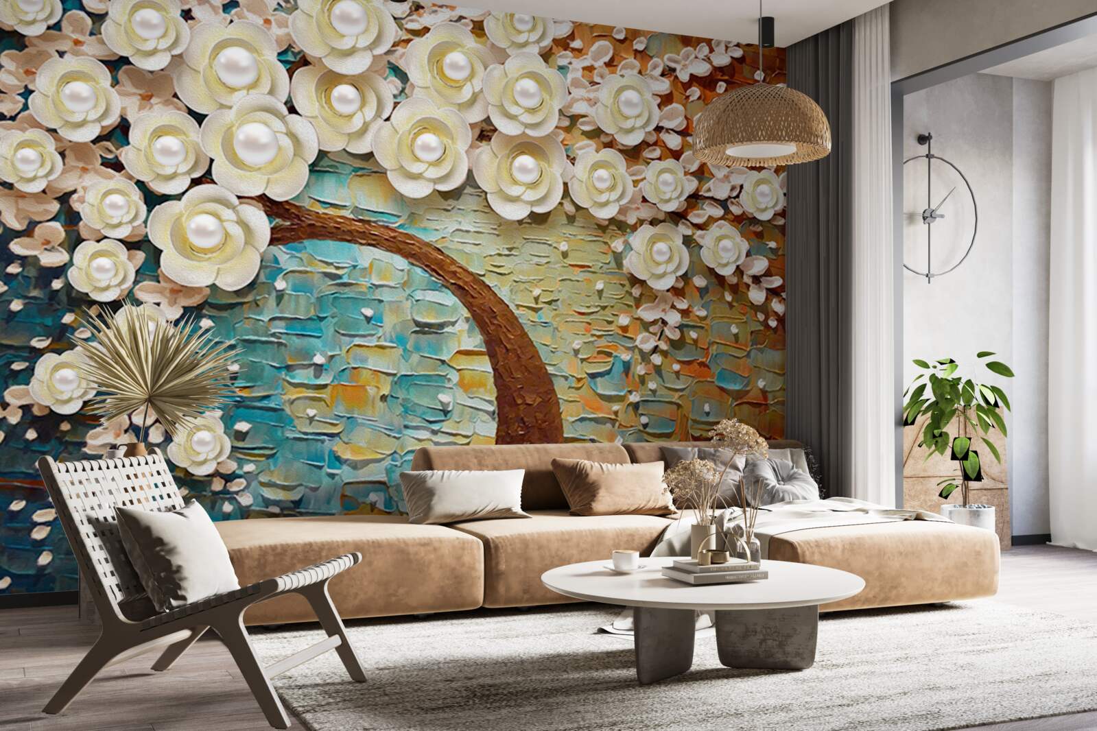 Фотошпалери дерево з перлинно-білими квітами